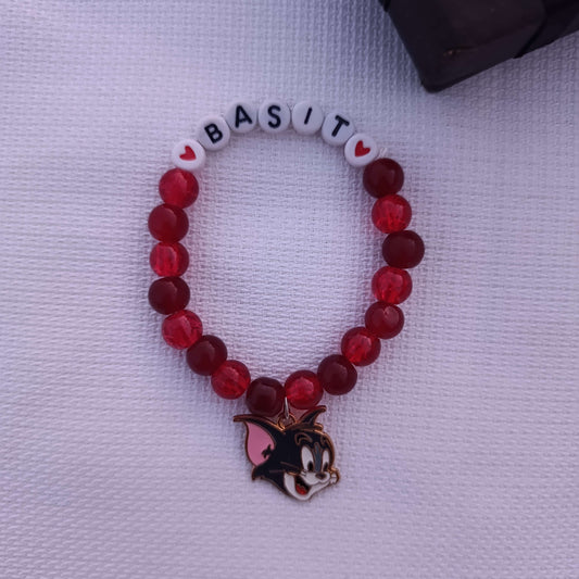 Custom Name Beaded Bracelet with Tom Cat Charm - Available in 8 Colors