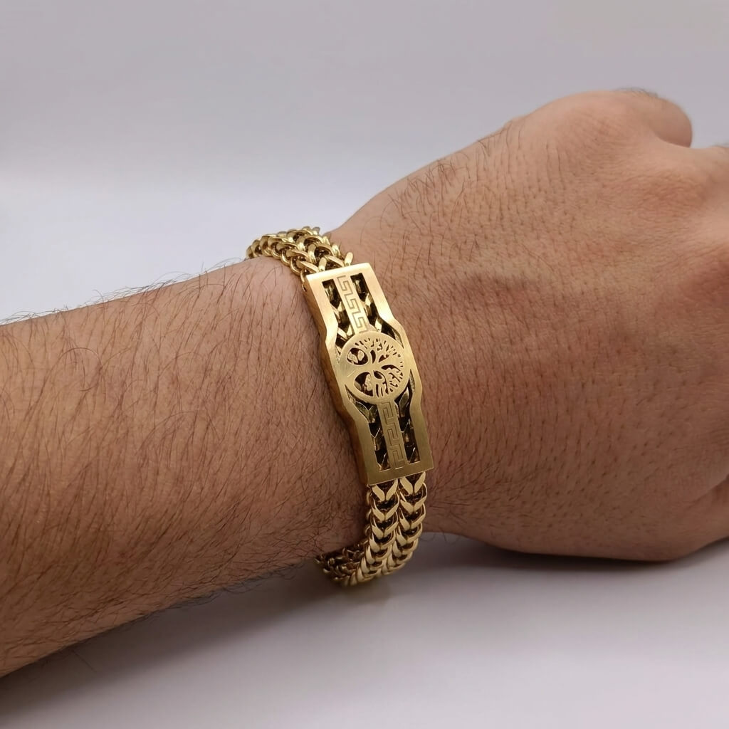 Men's Premium Double-Row Gold Franco Chain Bracelet – Tree of Life Emblem