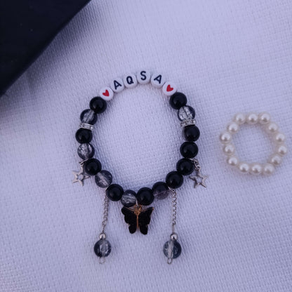 Fluttering Hearts: Personalized Name Bracelet with FREE Pearl Ring | Butterfly Edition