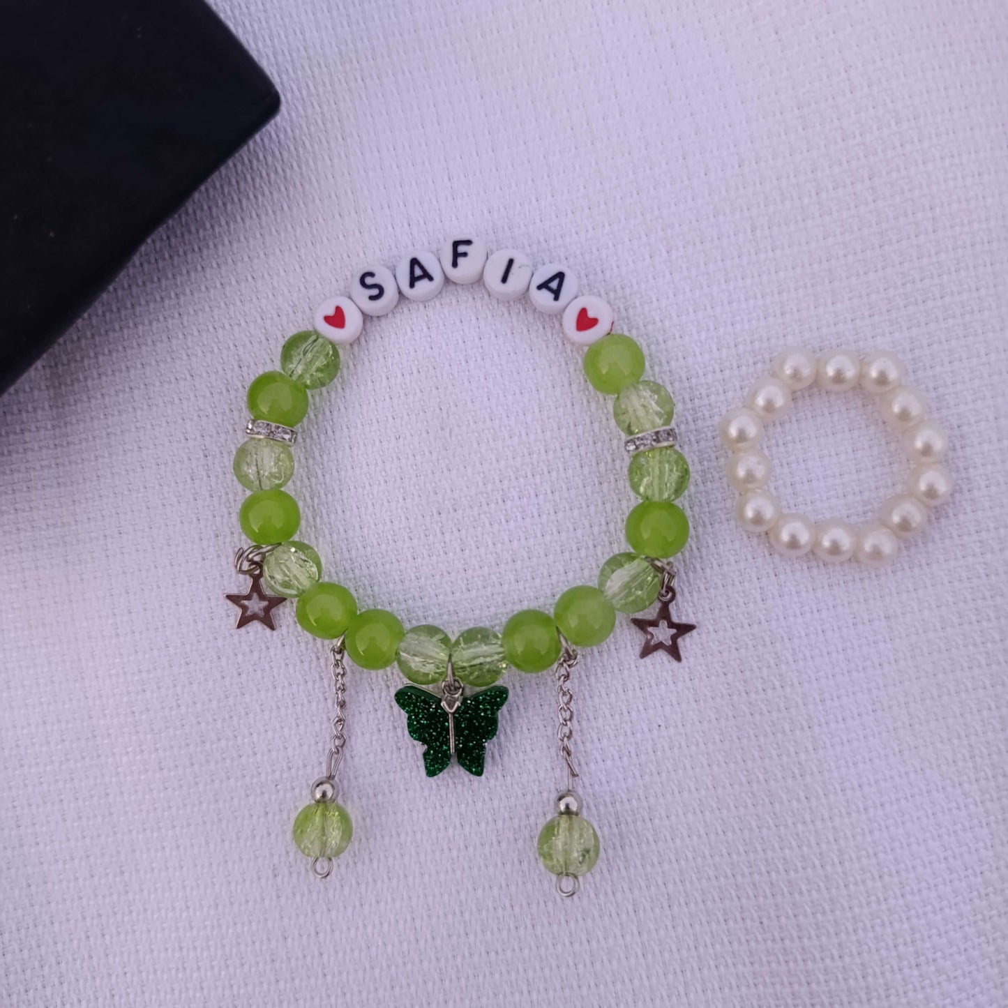 Fluttering Hearts: Personalized Name Bracelet with FREE Pearl Ring | Butterfly Edition