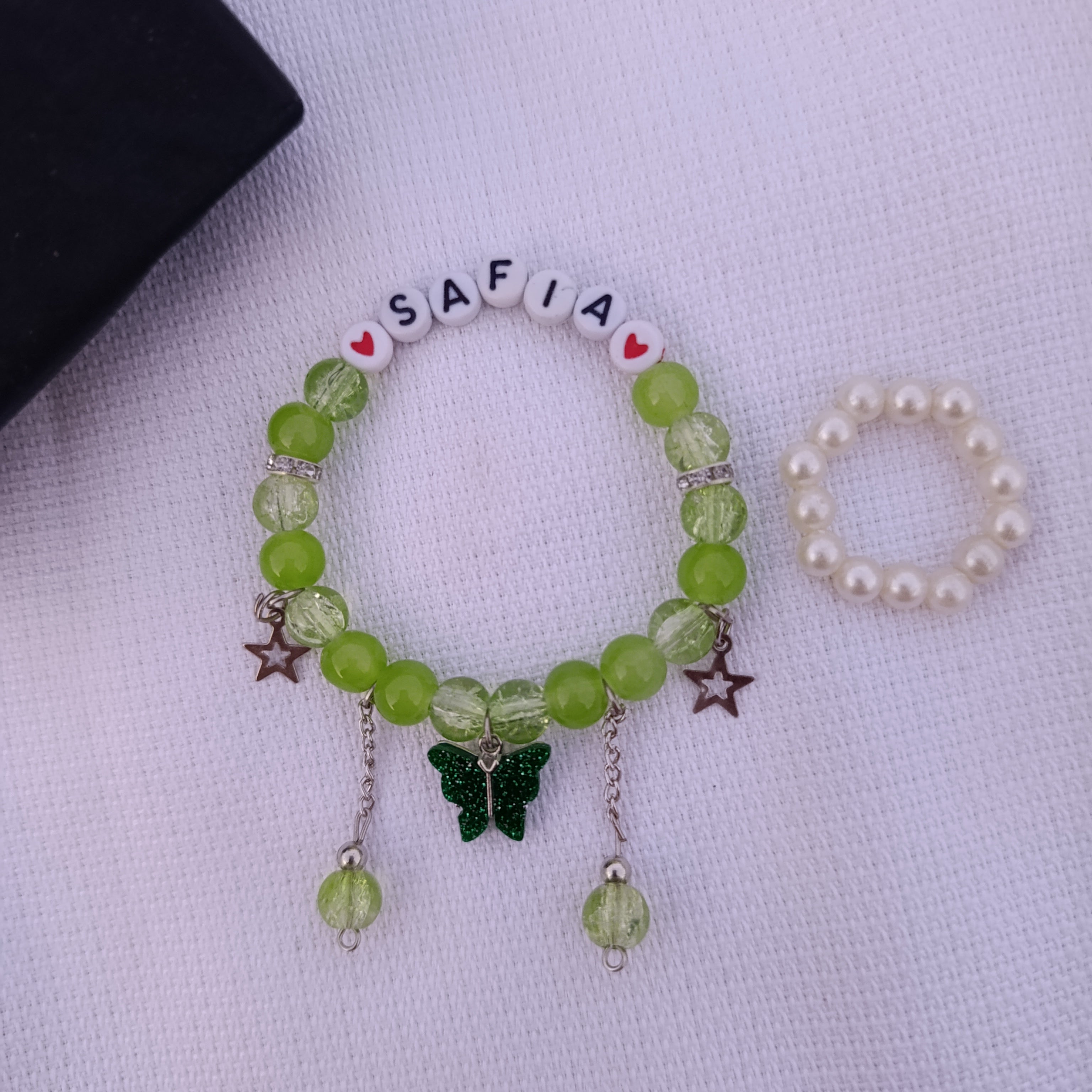 Fluttering Hearts: Personalized Name Bracelet with FREE Pearl Ring | Butterfly Edition