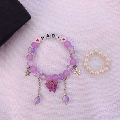 Fluttering Hearts: Personalized Name Bracelet with FREE Pearl Ring | Butterfly Edition