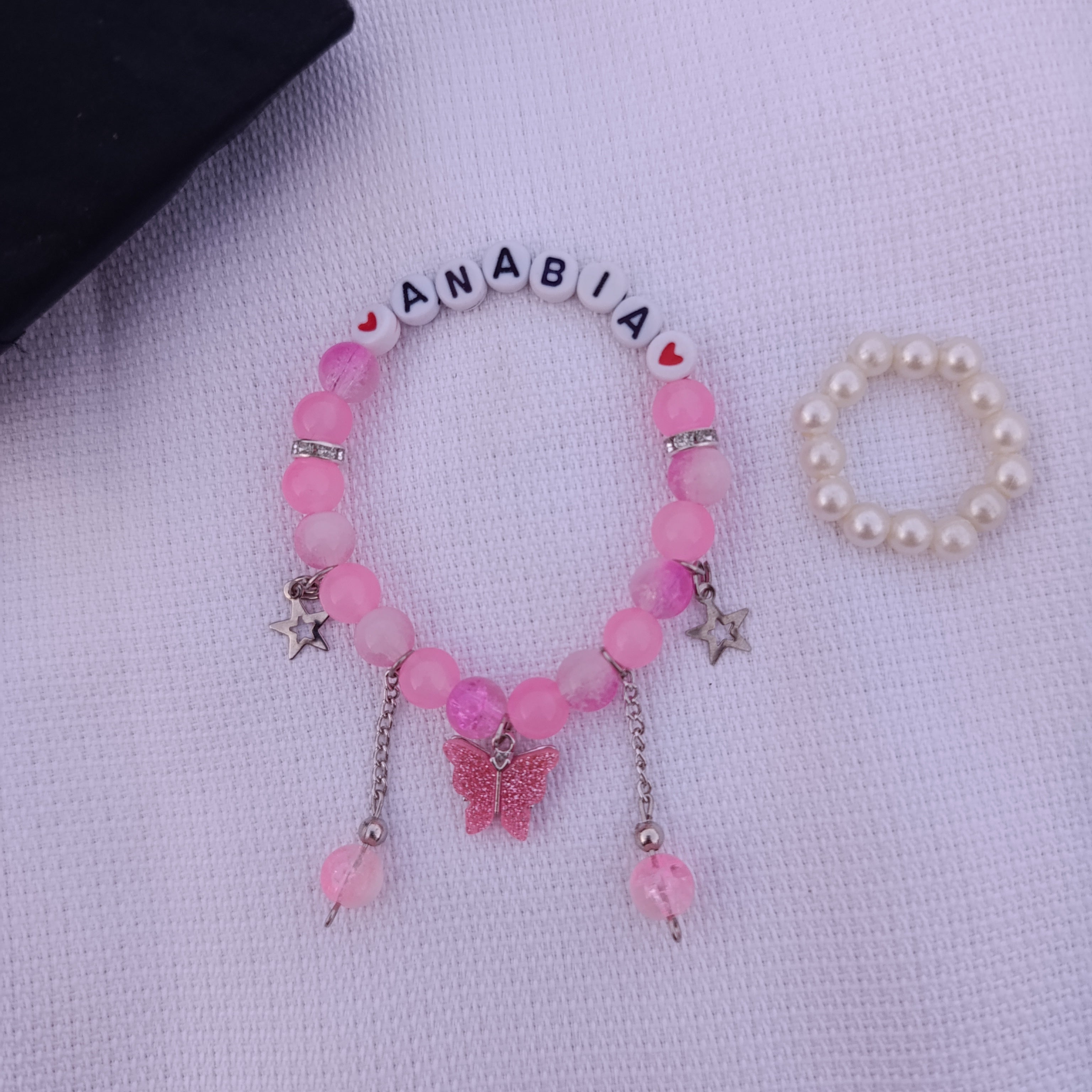 Fluttering Hearts: Personalized Name Bracelet with FREE Pearl Ring | Butterfly Edition