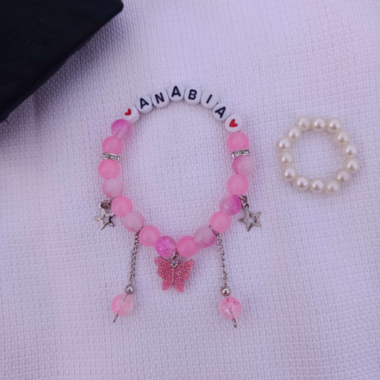 Fluttering Hearts: Personalized Name Bracelet with FREE Pearl Ring | Butterfly Edition