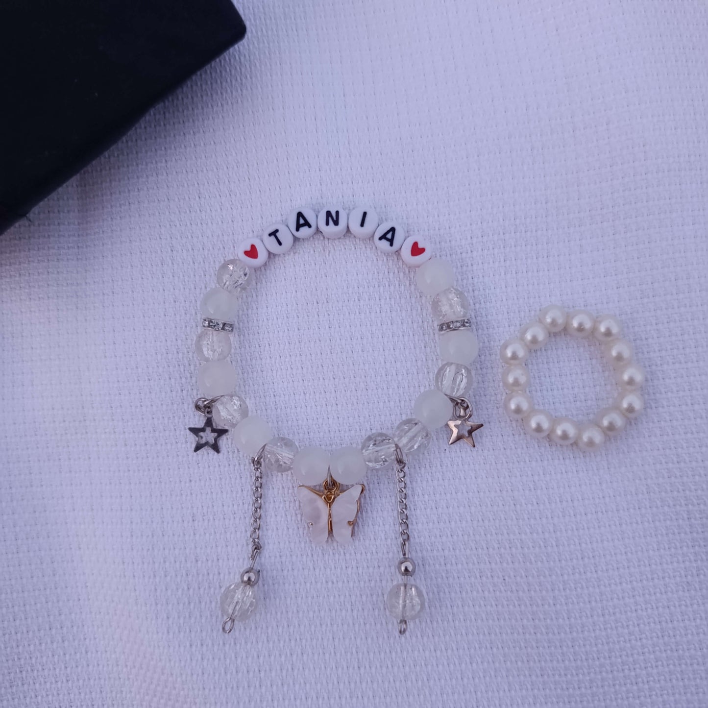 Fluttering Hearts: Personalized Name Bracelet with FREE Pearl Ring | Butterfly Edition