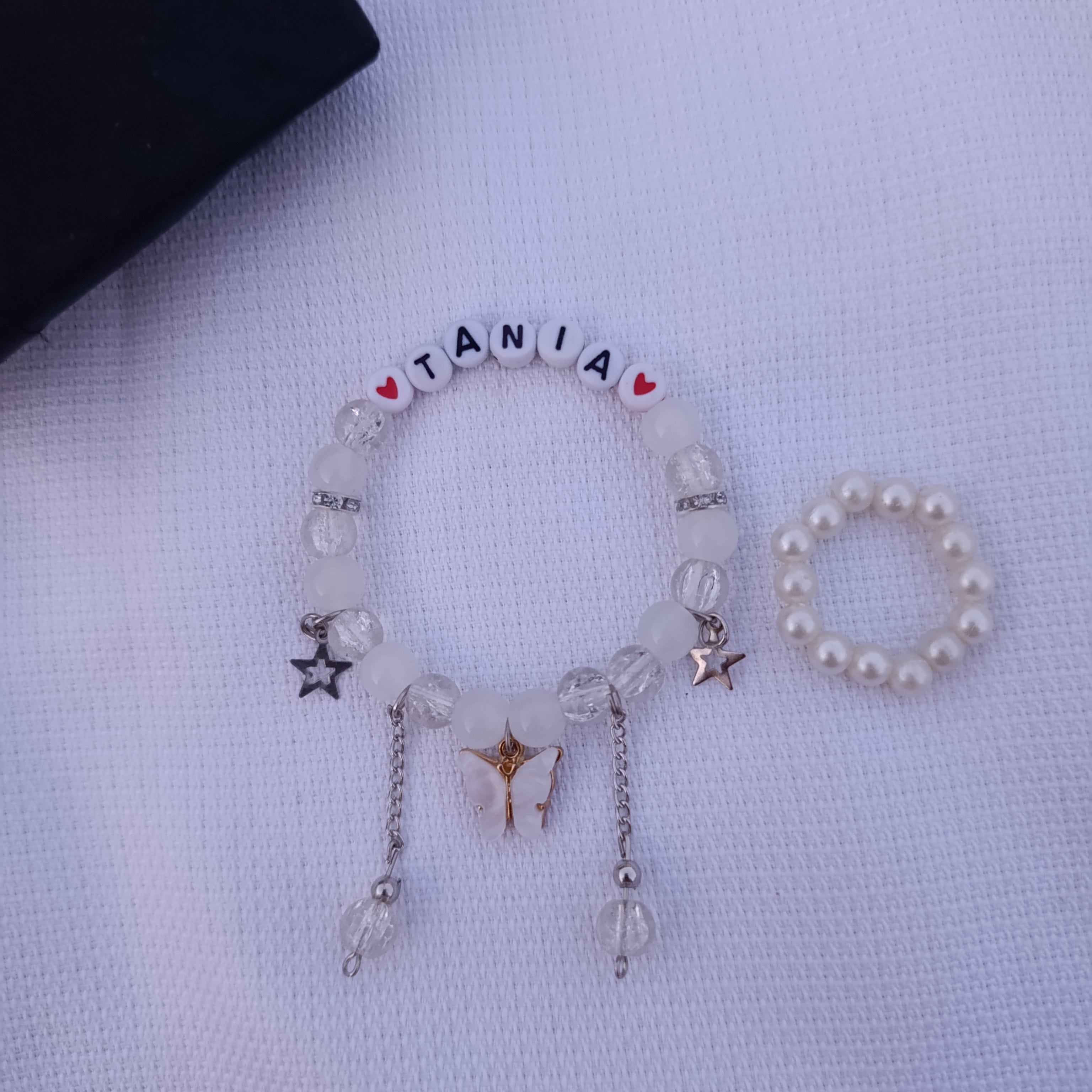 Fluttering Hearts: Personalized Name Bracelet with FREE Pearl Ring | Butterfly Edition