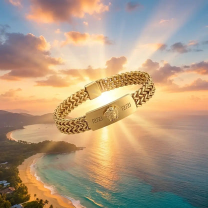 Men's Imperial Gold Woven Chain Bracelet - Greek Key & Medusa Edition