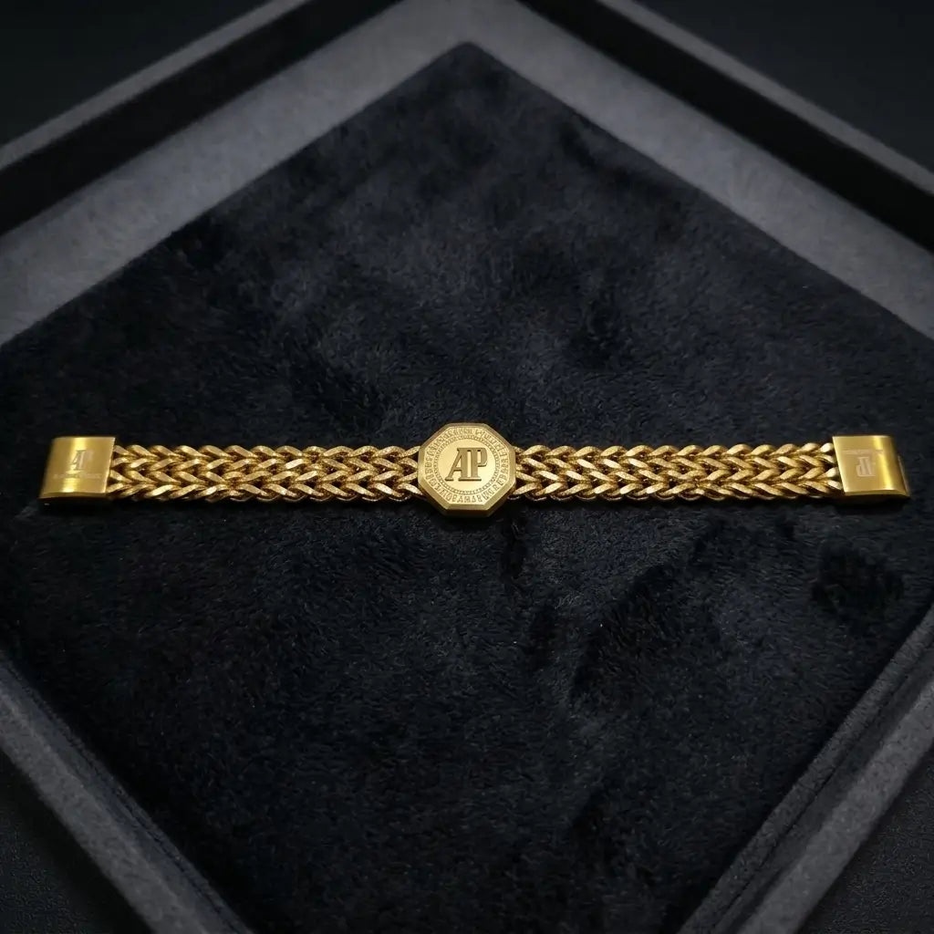 Premium Gold Woven Chain Bracelet - AP Octagonal Emblem (Magnetic Clasp)