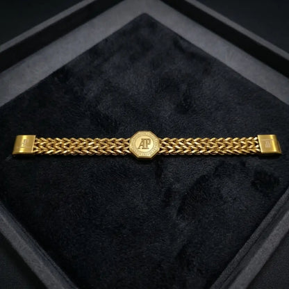 Premium Gold Woven Chain Bracelet - AP Octagonal Emblem (Magnetic Clasp)