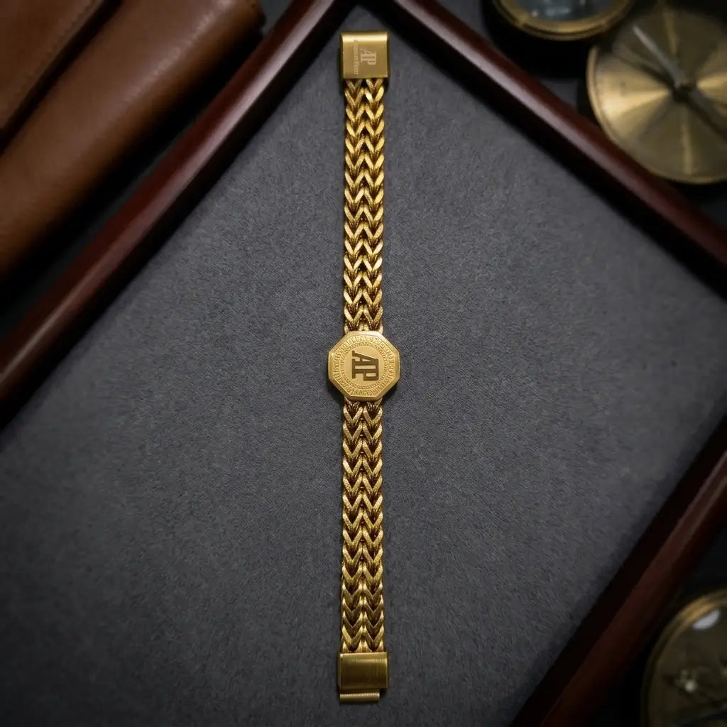 Premium Gold Woven Chain Bracelet - AP Octagonal Emblem (Magnetic Clasp)