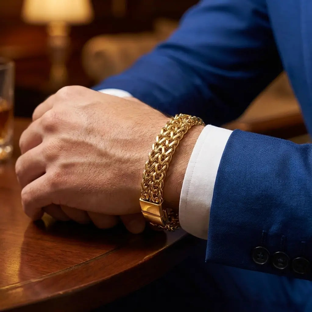 Men's Imperial Gold Woven Chain Bracelet - Greek Key & Medusa Edition
