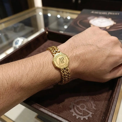 Premium Gold Woven Chain Bracelet - AP Octagonal Emblem (Magnetic Clasp)