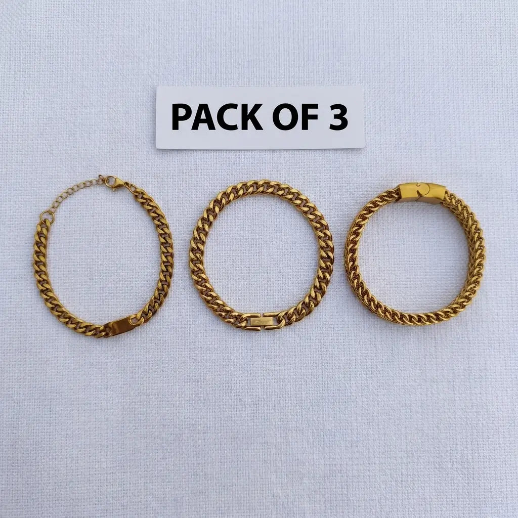 3-Piece Royal Gold/Silver Stainless Steel Bracelet Combo Set