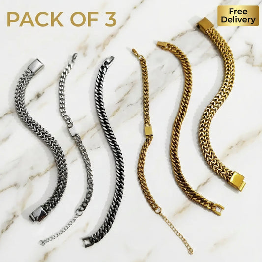 3-Piece Royal Gold/Silver Stainless Steel Bracelet Combo Set