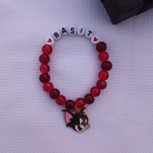 Custom Name Beaded Bracelet with Tom Cat Charm - Available in 8 Colors