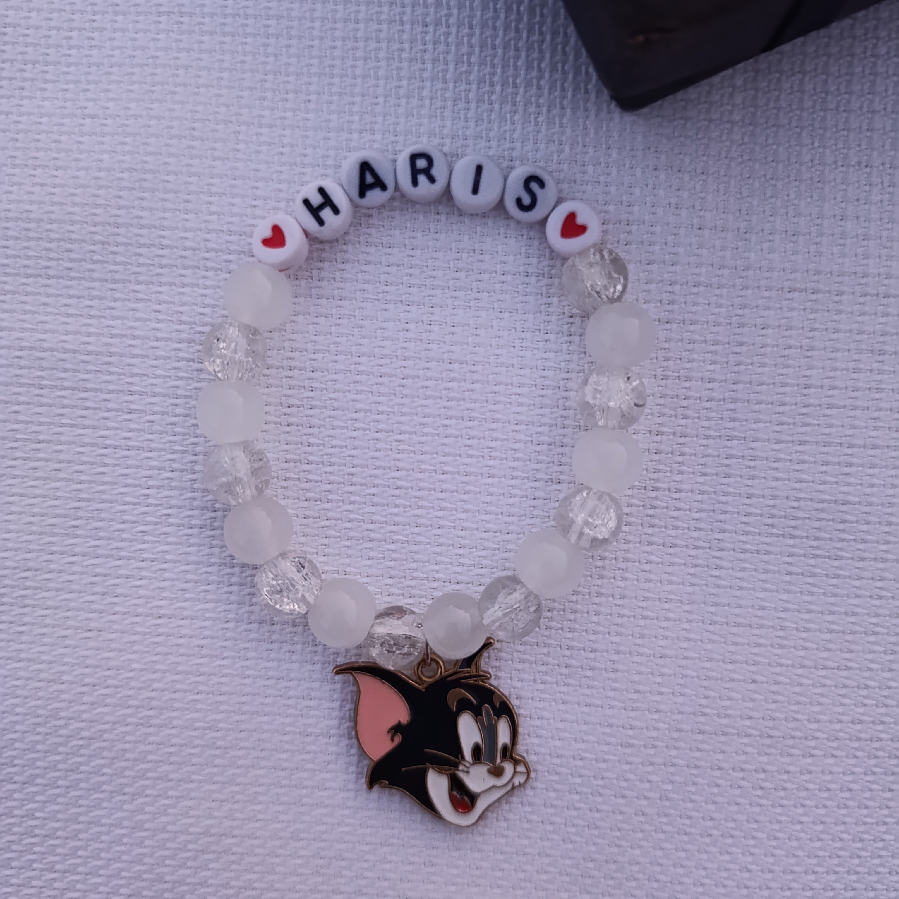 Custom Name Beaded Bracelet with Tom Cat Charm - Available in 8 Colors