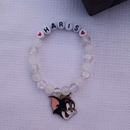Custom Name Beaded Bracelet with Tom Cat Charm - Available in 8 Colors