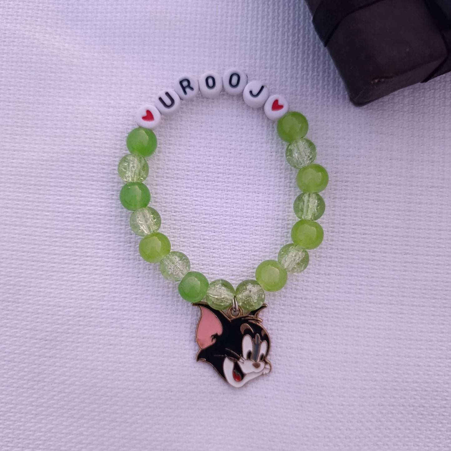Custom Name Beaded Bracelet with Tom Cat Charm - Available in 8 Colors