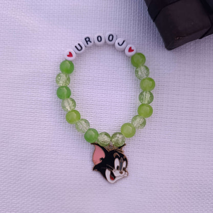 Custom Name Beaded Bracelet with Tom Cat Charm - Available in 8 Colors