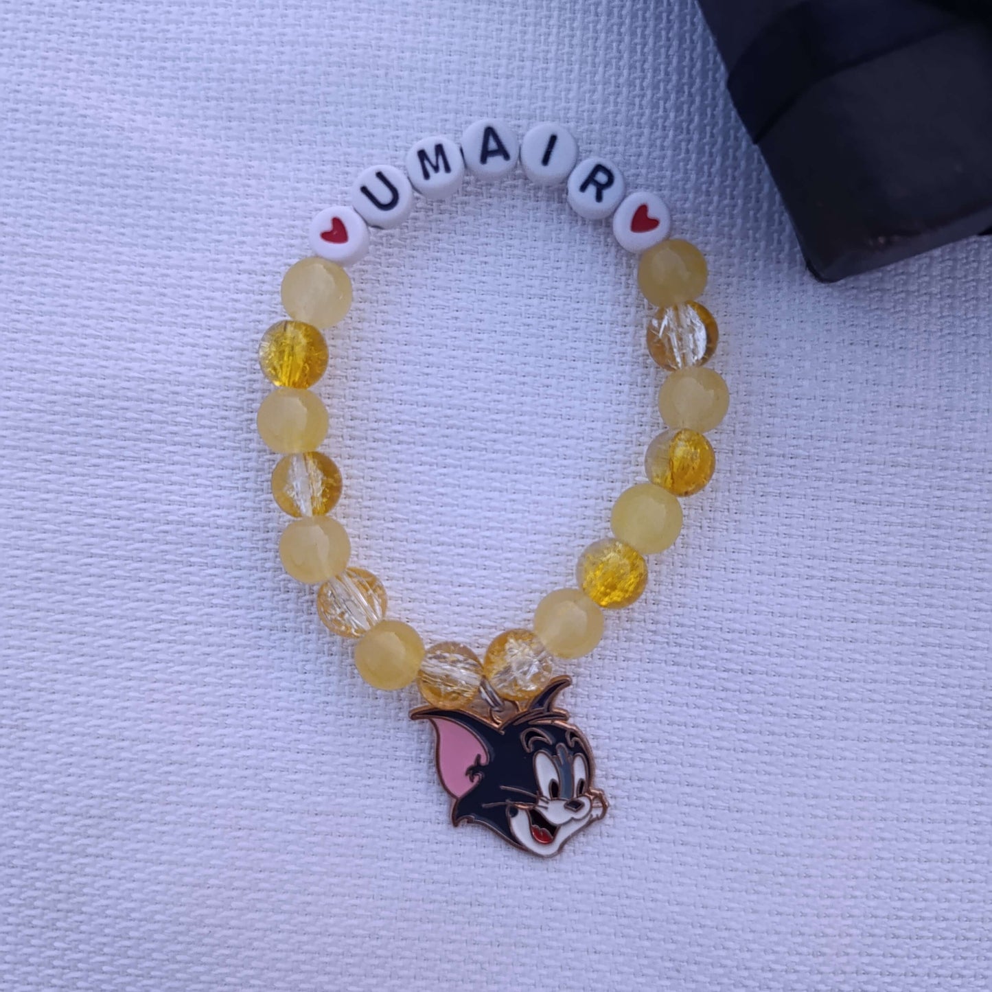 Custom Name Beaded Bracelet with Tom Cat Charm - Available in 8 Colors