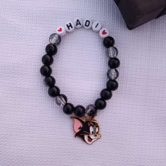 Custom Name Beaded Bracelet with Tom Cat Charm - Available in 8 Colors