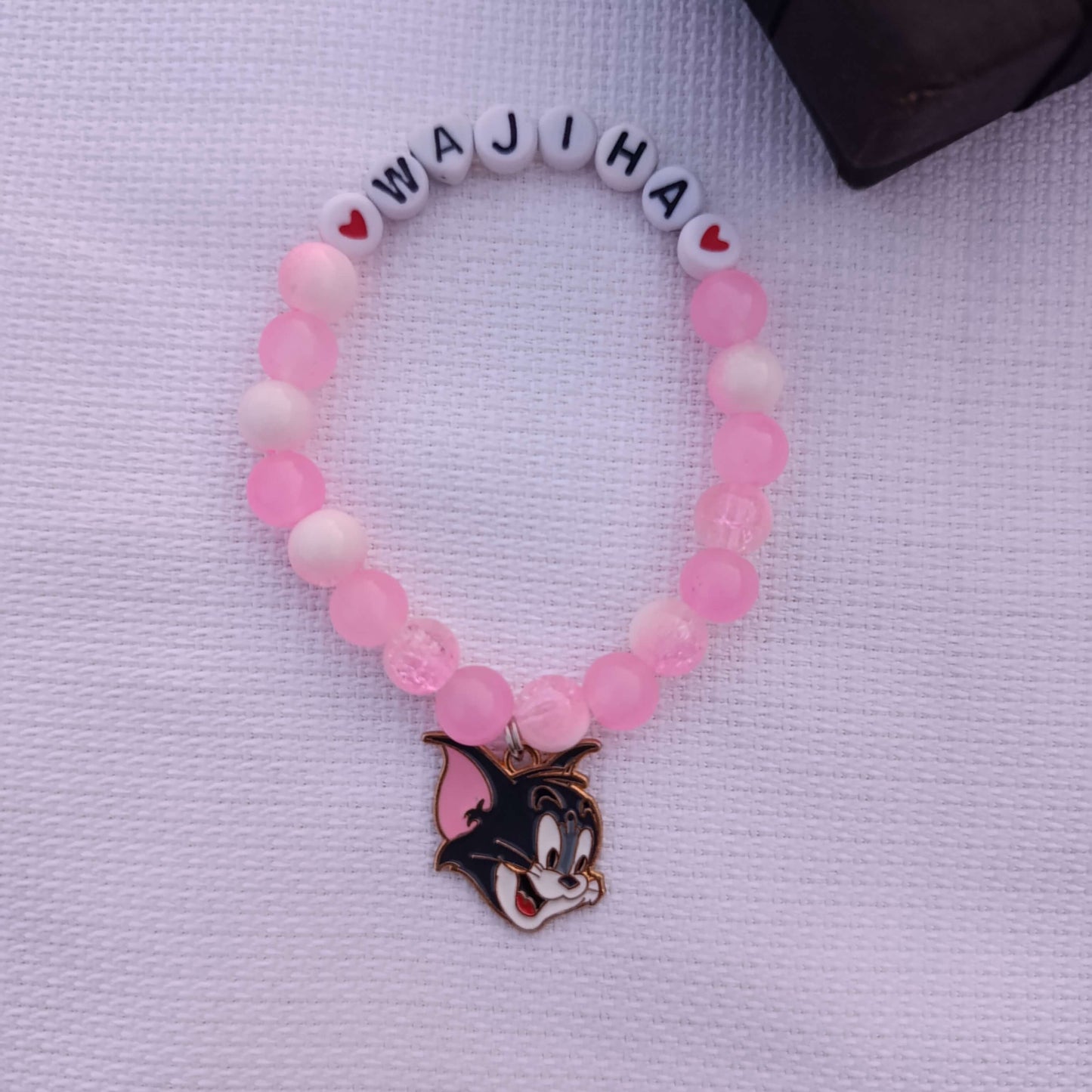 Custom Name Beaded Bracelet with Tom Cat Charm - Available in 8 Colors