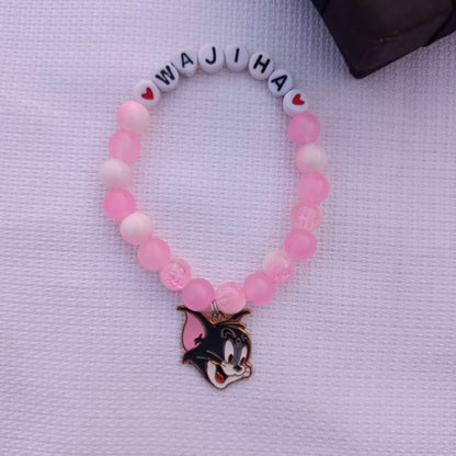 Custom Name Beaded Bracelet with Tom Cat Charm - Available in 8 Colors