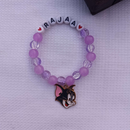 Custom Name Beaded Bracelet with Tom Cat Charm - Available in 8 Colors