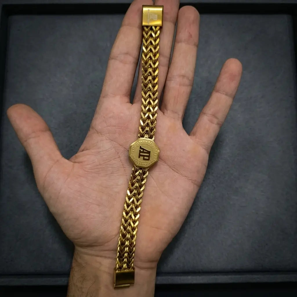 Premium Gold Woven Chain Bracelet - AP Octagonal Emblem (Magnetic Clasp)