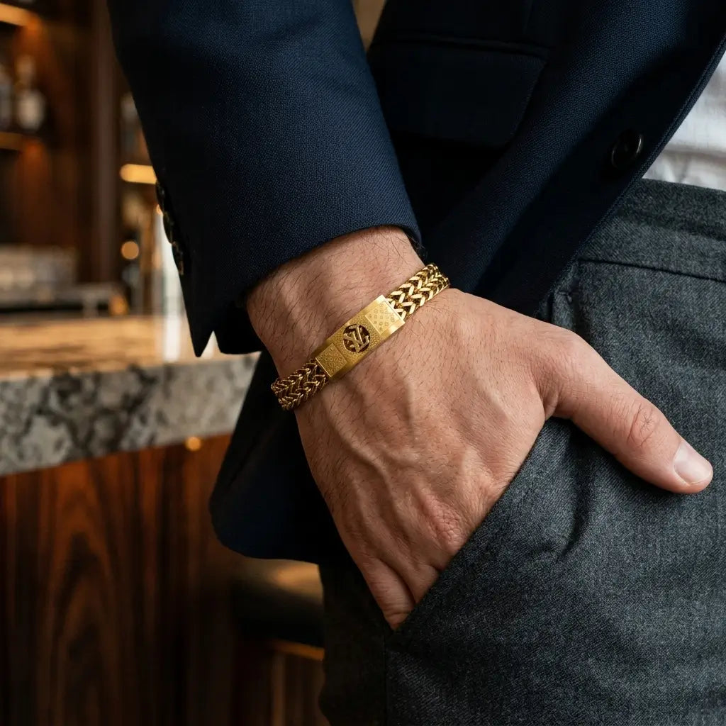 Premium Men's Gold Braided Chain Bracelet – Iconic LV Emblem