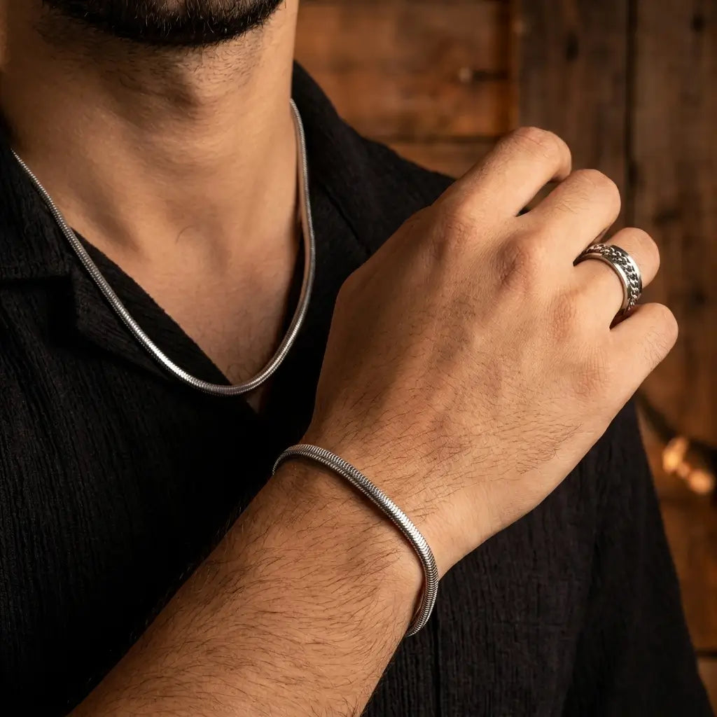 Premium 3-Piece Stainless Steel Set – Snake Chain, Bracelet & Spinner Ring