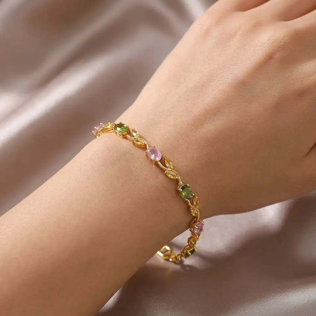Multi-Gemstone Leaf & Vine Branch Bracelet - Premium Colorful Crystal Wristwear