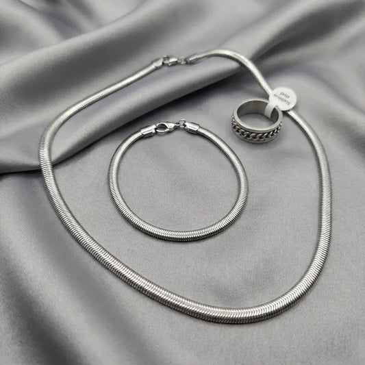 Premium 3-Piece Stainless Steel Set – Snake Chain, Bracelet & Spinner Ring