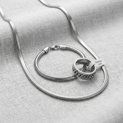 Premium 3-Piece Stainless Steel Set – Snake Chain, Bracelet & Spinner Ring