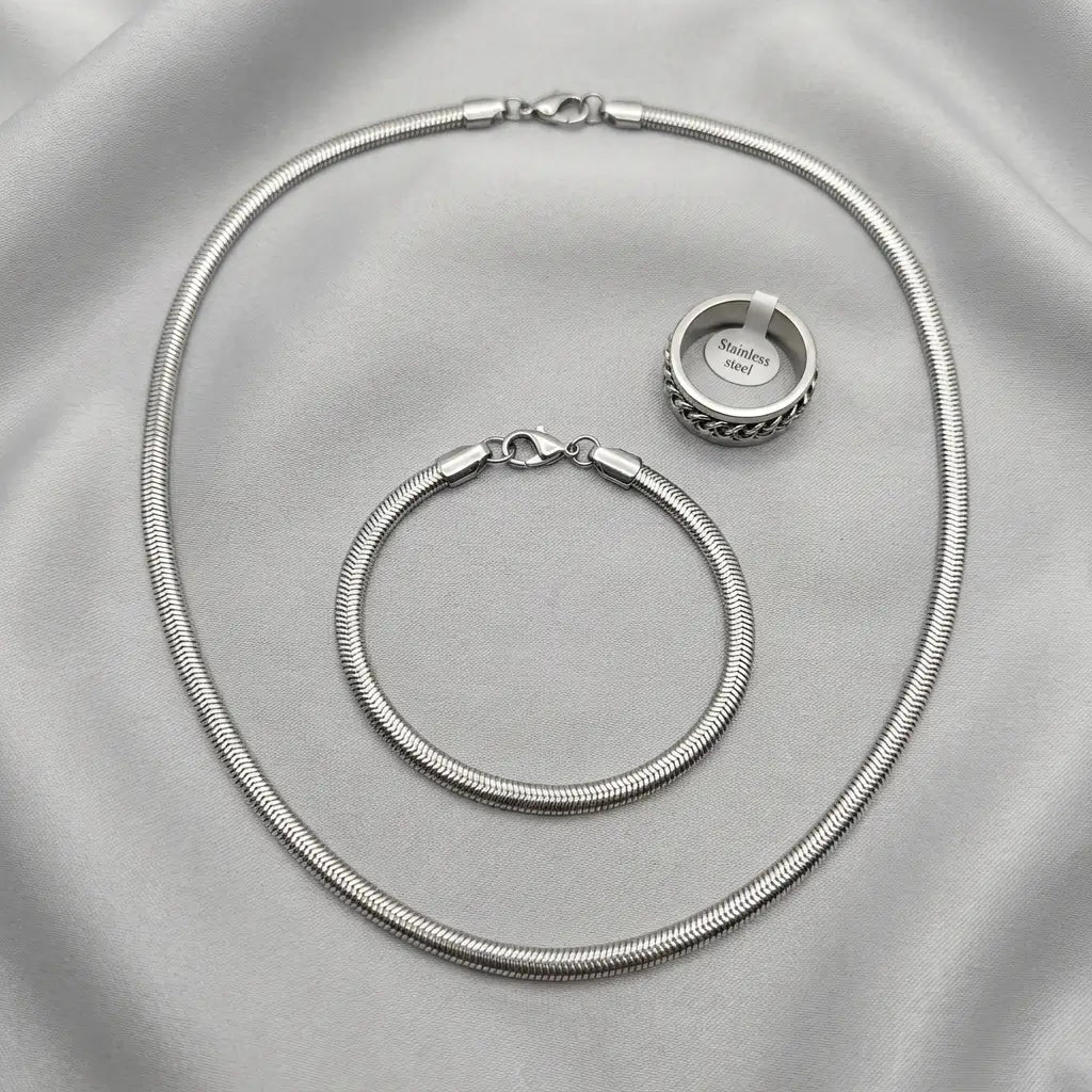 Premium 3-Piece Stainless Steel Set – Snake Chain, Bracelet & Spinner Ring