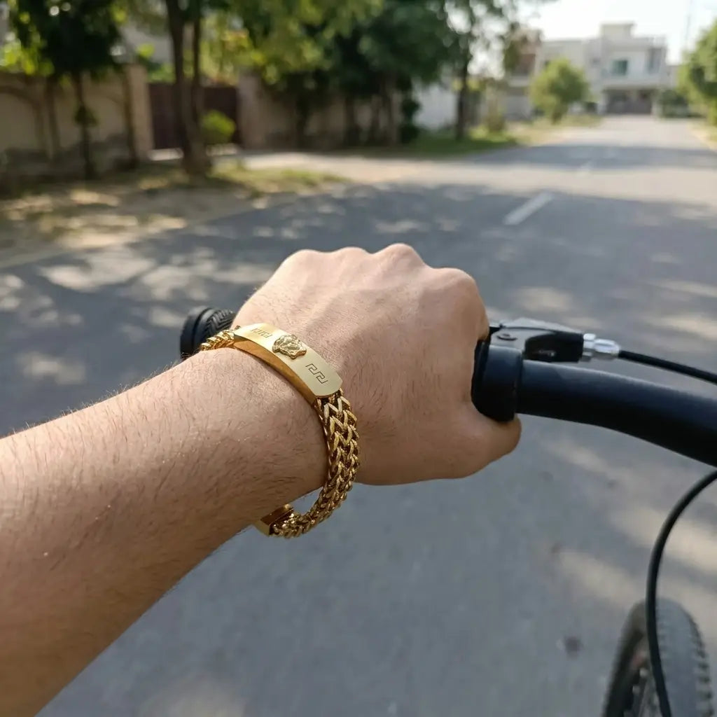 Men's Imperial Gold Woven Chain Bracelet - Greek Key & Medusa Edition