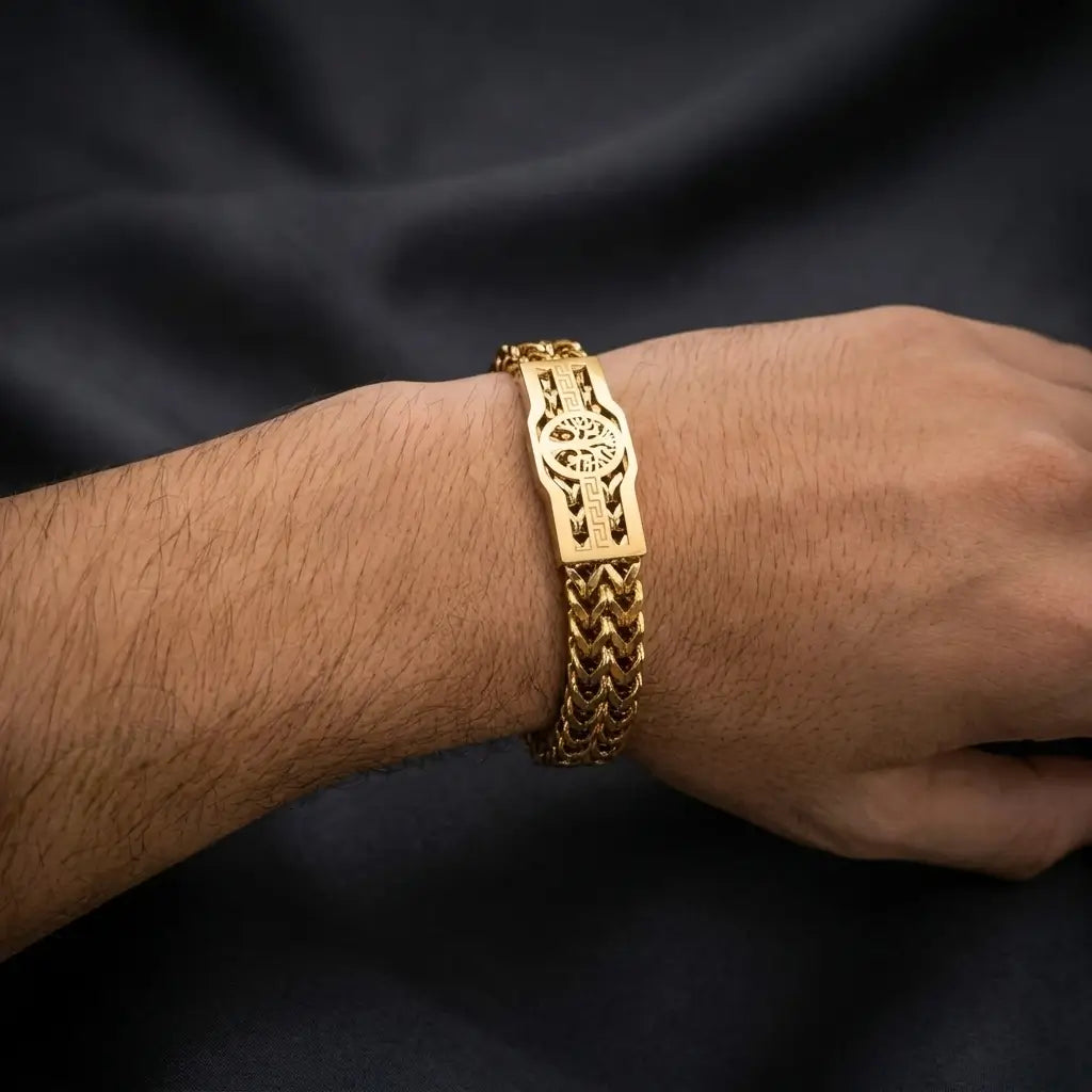Men's Premium Double-Row Gold Franco Chain Bracelet – Tree of Life Emblem