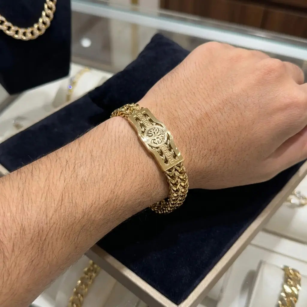 Men's Premium Double-Row Gold Franco Chain Bracelet – Tree of Life Emblem