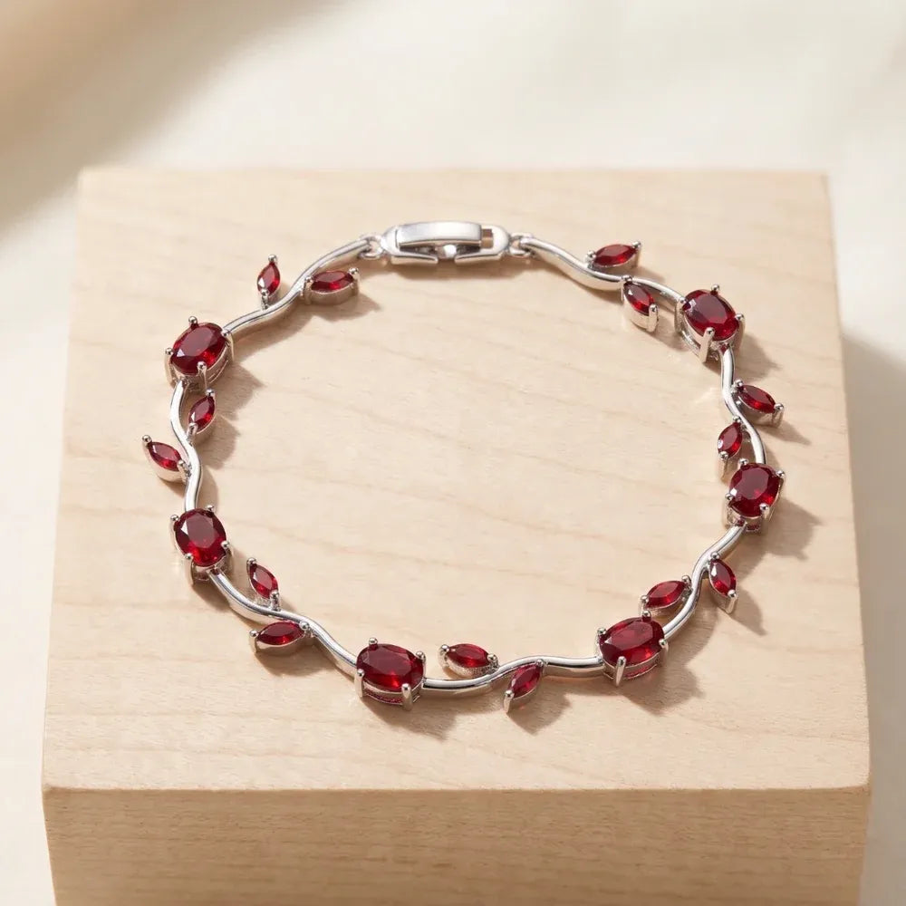 Scarlet Vine Red Silver Premium Bracelet – Luxury Ruby Foliage Collection
