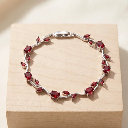Scarlet Vine Red Silver Premium Bracelet – Luxury Ruby Foliage Collection