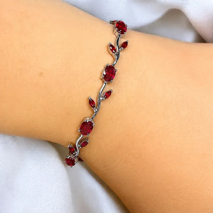 Scarlet Vine Red Silver Premium Bracelet – Luxury Ruby Foliage Collection