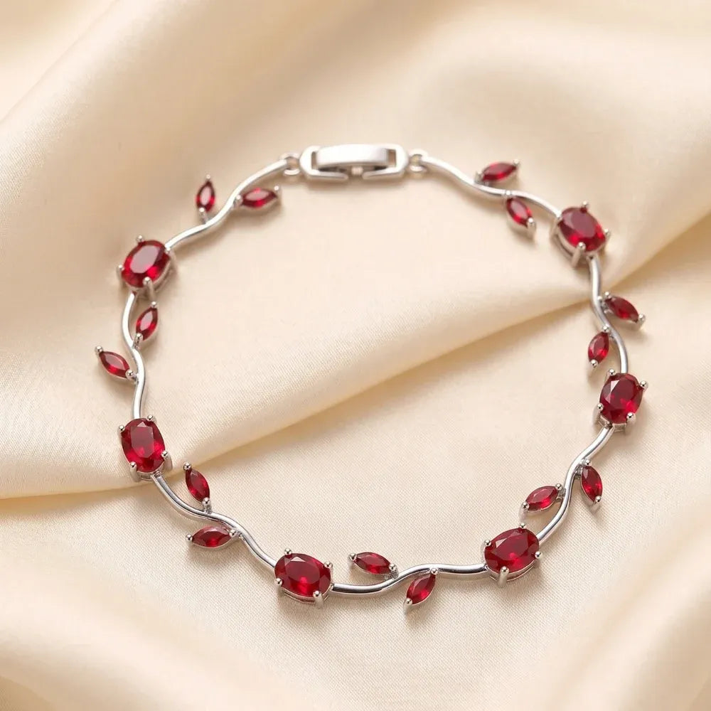 Scarlet Vine Red Silver Premium Bracelet – Luxury Ruby Foliage Collection