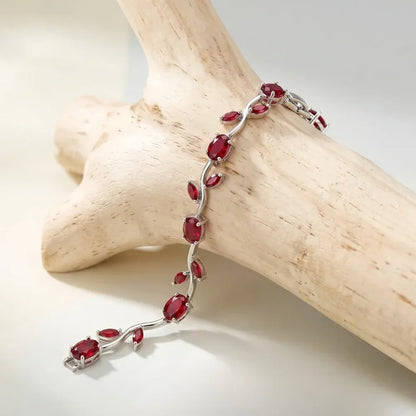 Scarlet Vine Red Silver Premium Bracelet – Luxury Ruby Foliage Collection