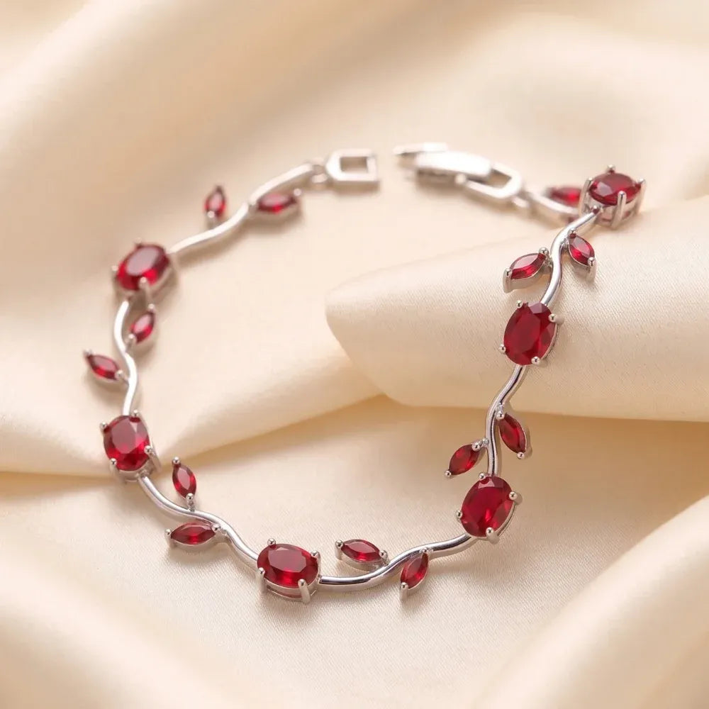 Scarlet Vine Red Silver Premium Bracelet – Luxury Ruby Foliage Collection