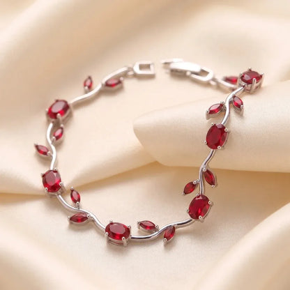 Scarlet Vine Red Silver Premium Bracelet – Luxury Ruby Foliage Collection