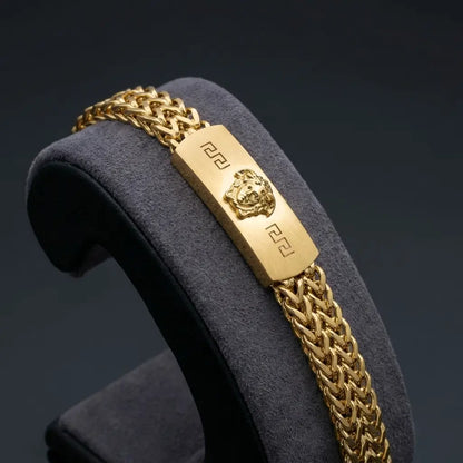 Men's Imperial Gold Woven Chain Bracelet - Greek Key & Medusa Edition