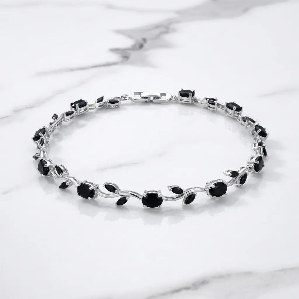 Dainty Crystal Vine Leaf Bracelet - Midnight Black Edition